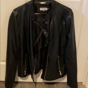 Collarless black “leather” jacket